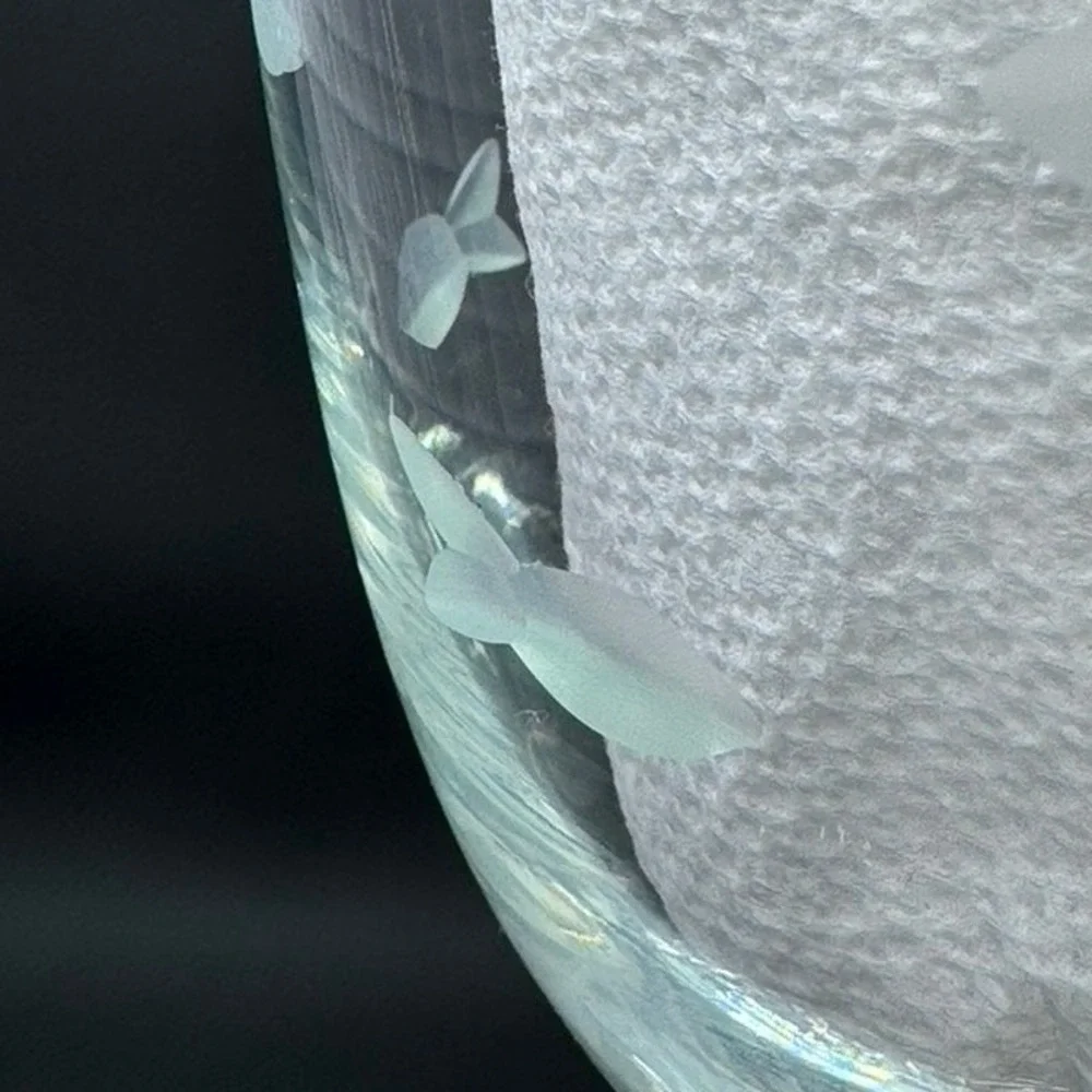 Etched Wine Glass Set Of 2, Cut Out Fish, Signed, RAB 2016, White‎ Wine,